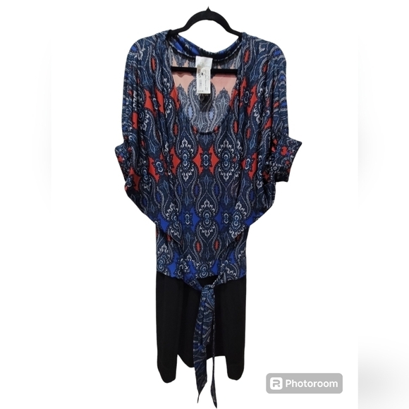 Donna Morgan Size 14 Geometric Blue Red Tie String Midi Dress Office Career - Picture 1 of 7